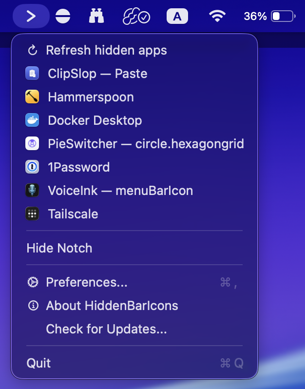 HiddenBarIcons dropdown menu showing the list of menu-bar apps hidden behind the MacBook notch, with Preferences, Hide Notch and Check for Updates options