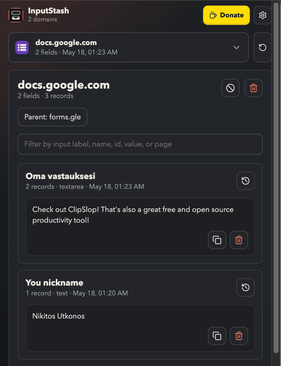InputStash popup showing recovered fields from a docs.google.com form
