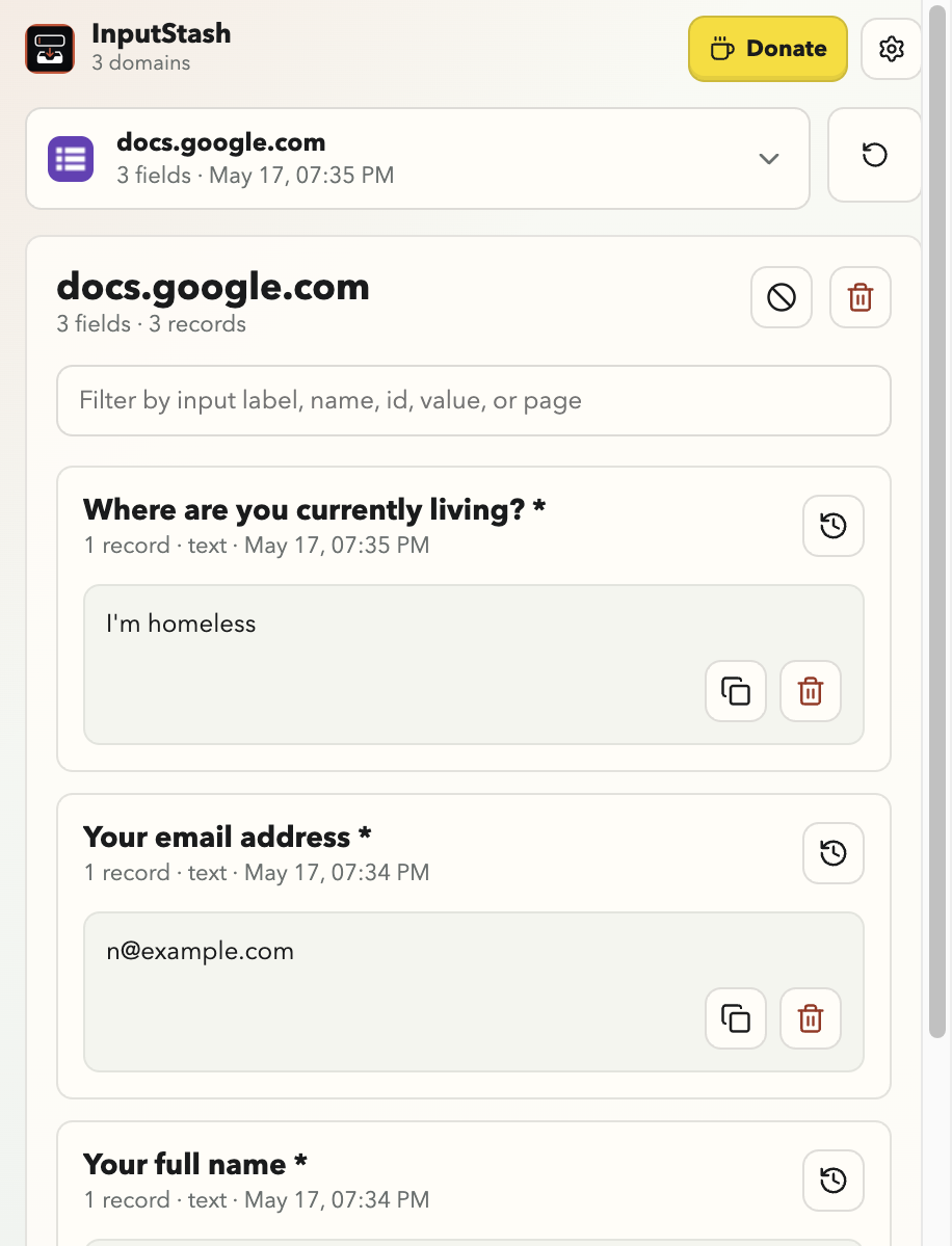 InputStash popup showing recovered fields from a docs.google.com form